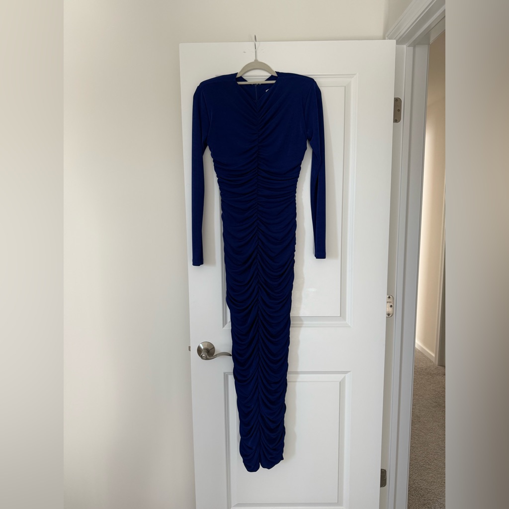 The New Arrivals Elegant Royal Blue Long Sleeve Midi Dress Ruched Detailing